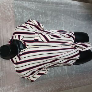 DNA Couture Blue/red/White/yellow Striped Knit Top, tie botton, NEW